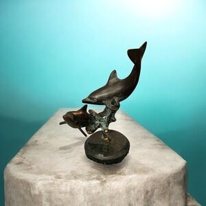 San Pacific International SPI Bronze Double Dolphin Sculpture Marble Base 7"